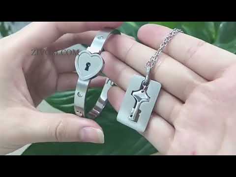 Key Lock Silver Stainless Steel Pendant Chain Kada Bangle Couple Set