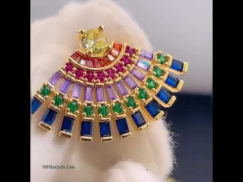 Smart Multi Color Fan Cubic Zirconia Gold Copper Earring Pair Bulk