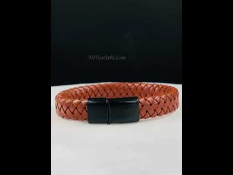 Braided Brown Leather Black Stainless Steel Wrist Band Bracelet Bulk