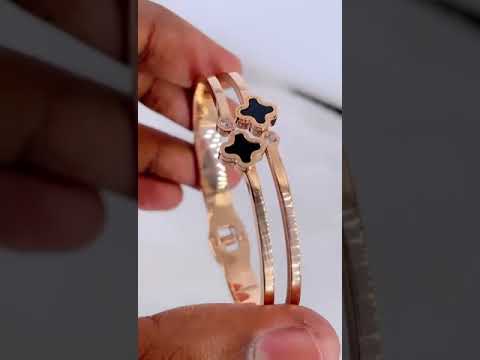 Black Dual Clover Flower CZ 18K Rose Gold Stainless Steel Kada Bulk