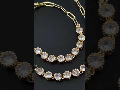 Bezel Heart CZ 18K Gold Links Chain Necklace Bracelet Combo Set Bulk