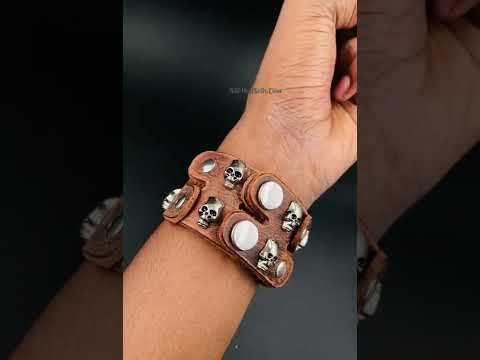 Funky Punk Skull Tan Brown Handcrafted Leather Wrist Band Bracelet Men