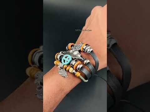 Black Leather Hamsa Peace Charm Wrist Band Multi Strand Bracelet Bulk