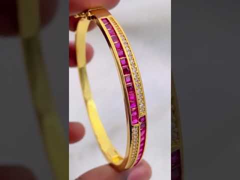 Rainbow Red Green Princess CZ 18K Gold Openable Kada Bangle Bulk