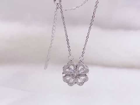 Clover Stainless Steel Cubic Zirconia Magnet Openable Necklace Pendant Chain Women Silver