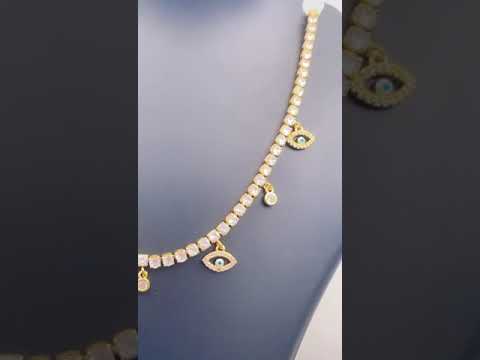 Oval Evil Eye Tennis Solitaire CZ 18K Gold Dainty Charms Necklace Bulk