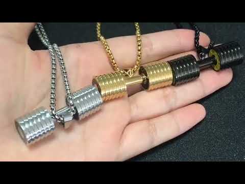 Barbell Dumbell Macho Large Heavy Gold Stainless Steel Pendant Chain
