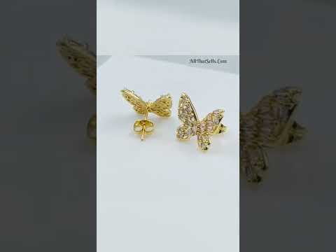 Butterfly Baguette Cubic Zirconia Gold Copper Stud Earring Pair Bulk
