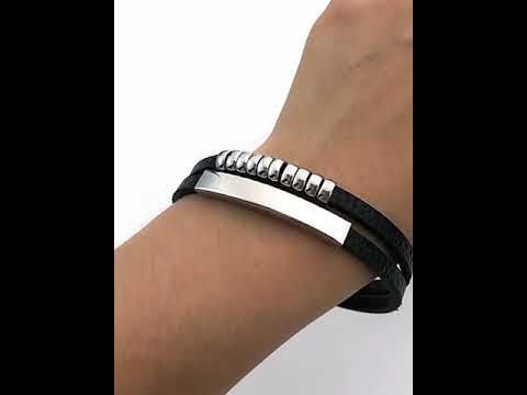 Dual Layer Stainless Steel Silver Black Customized Personalised Laser Engraved Wrist Band Leather ID Bracelet For Men