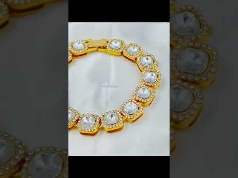 Hip Hop Iced Out Cuban Gold Cushion Cut Rhinestone Studded Alloy Bracelet Men