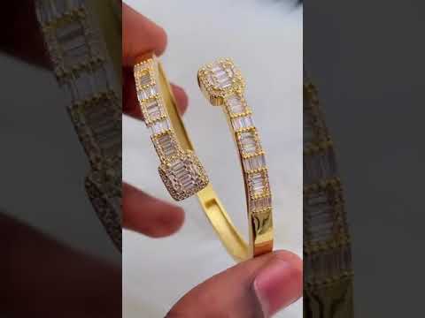 Princess Cut Dual Band Cubic Zirconia 18K Gold Cuff Kada Bracelet Bulk