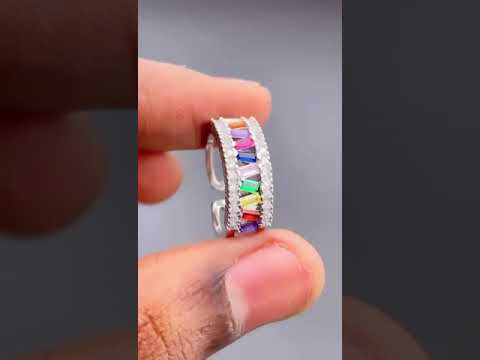 Rainbow Multi Baguette Studded Gold Open Back Free Size Ring Bulk