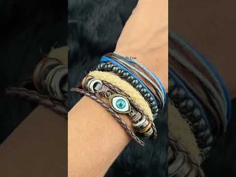 Eyes Layer Black Leather Charm Wrist Band Multi Strand Bracelet Bulk