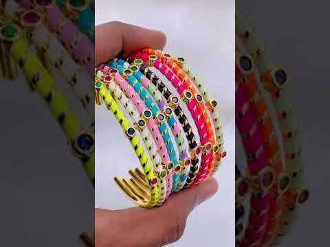 Hot Neon Pink Enamel Slim Studded Free Size Cuff Kada Bangle Bulk