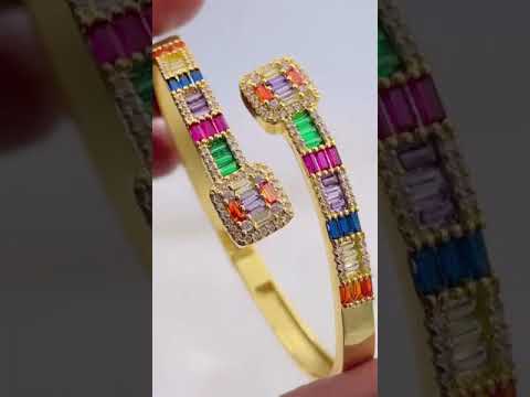 Rainbow Multi Color Dual Band Cubic Zirconia 18K Gold Kada Bangle Bulk