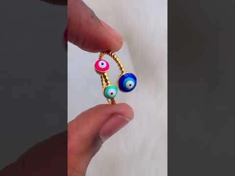 Purple Pink Evil Eye Enamel 18K Gold Copper Adjustable Ring Women Bulk