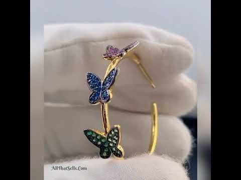 Triple Butterfly Multi Color 18K Gold Hoop Earring Pair For Women