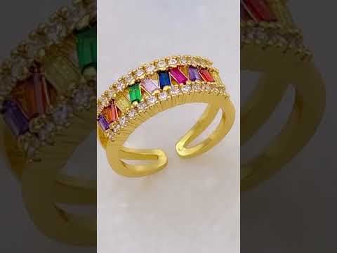 Rainbow Multi Baguette Studded Gold Open Back Free Size Ring Bulk