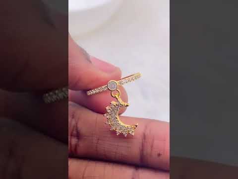 Crescent Charm Dangling Copper 18K Gold Free Size Ring For Women Bulk