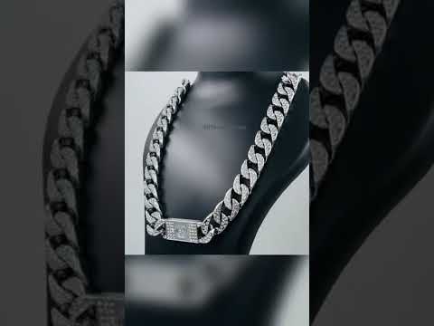Hip Hop Iced Out Alloy Cuban Silver Stainless Steel Rhinestone Curb Engrave Chain 18" For Men