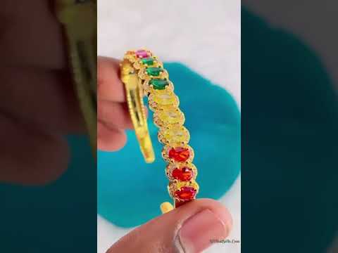Rainbow Multi Color Oval CZ 18K Gold Cuff Kada Bracelet Bulk