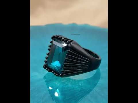 Rectangle Sea Blue Black Cubic Zirconia Crystal Alloy Ring Men Bulk