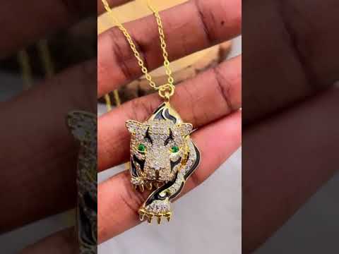 Tiger Cub Black Green Eye Cubic Zirconia 18K Gold Pendant Chain Bulk