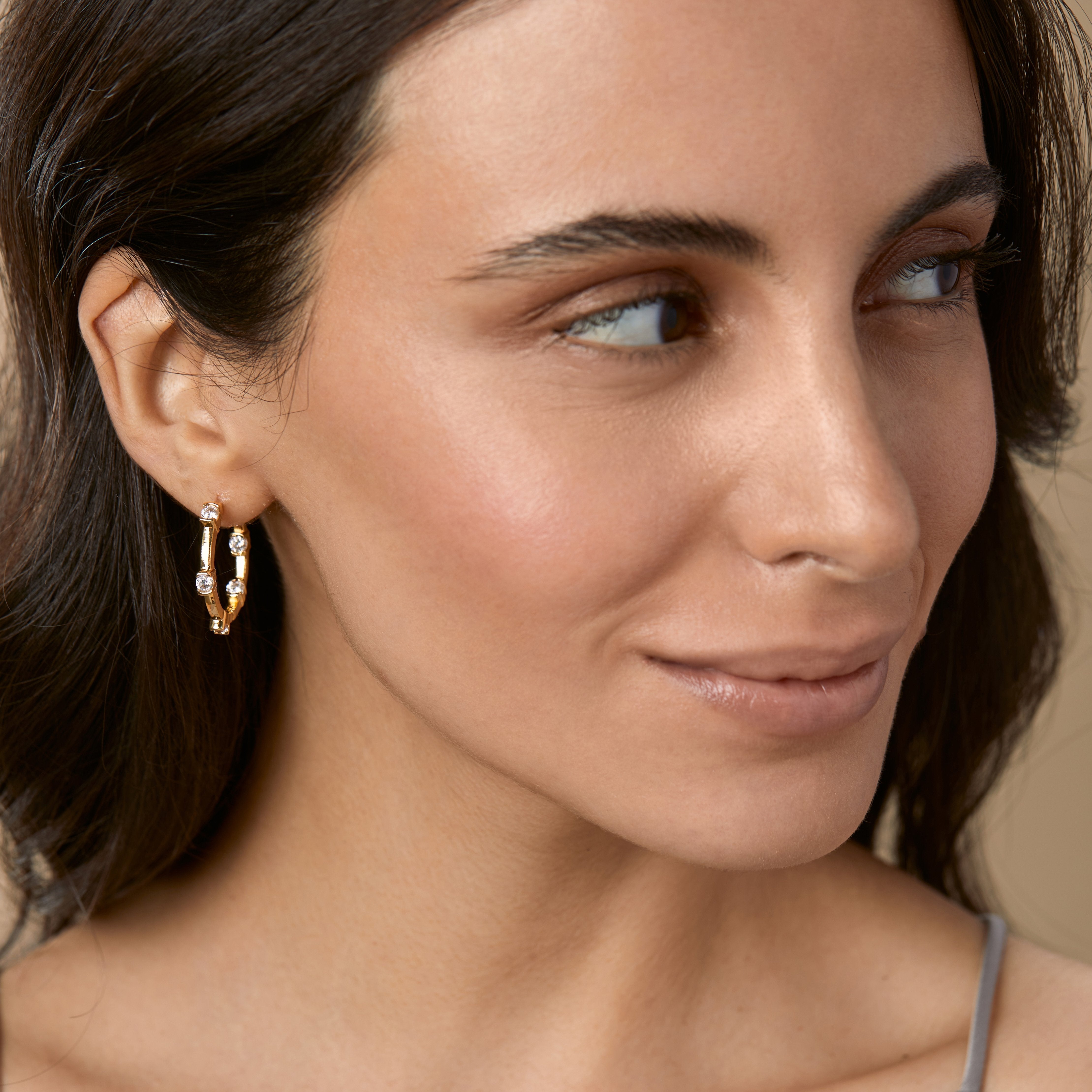 Brass Rose Gold Front Back Crystal Studded Huggie Earring Pair Bulk Secondary image
