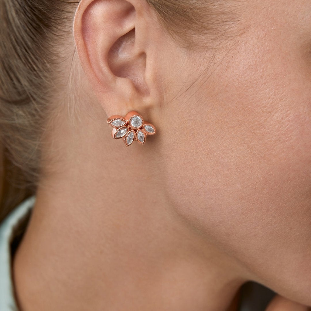 Brass 18K Rose Gold Floral Marquise Studs Earring Pair For Women Bulk