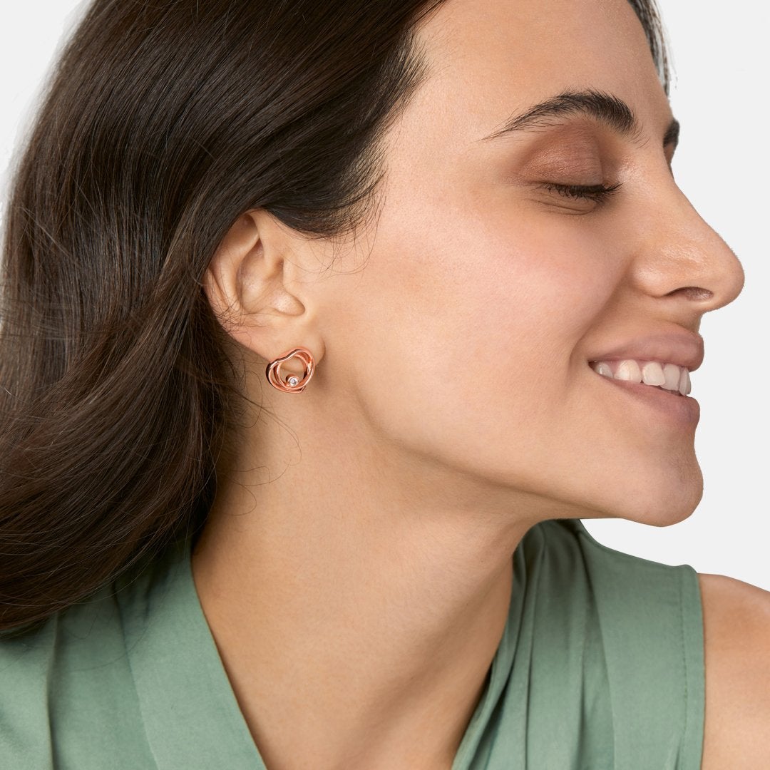 Brass 18K Rose Gold Heart Twirl Crystal Stud Earring Pair Women Bulk