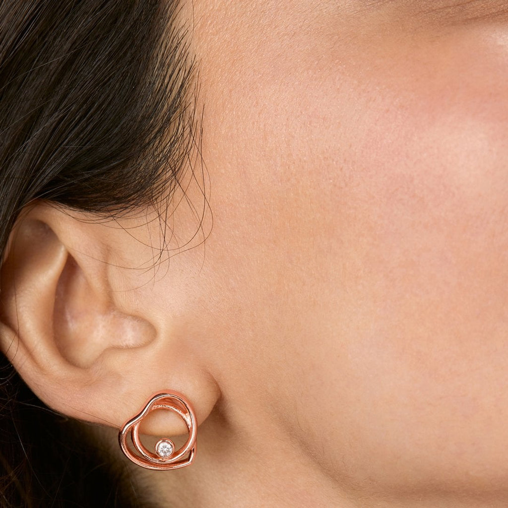 Brass 18K Rose Gold Heart Twirl Crystal Stud Earring Pair Women Bulk