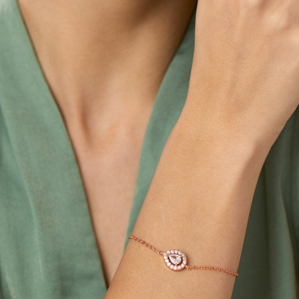 Brass 18K Rose Gold Pear Crystal Halo Chain Bracelet For Women Bulk