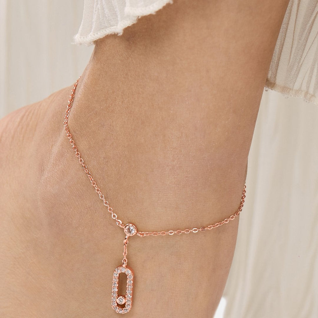 Brass 18K Rose Gold Crystal Studded Motif Chain Anklet For Women Bulk