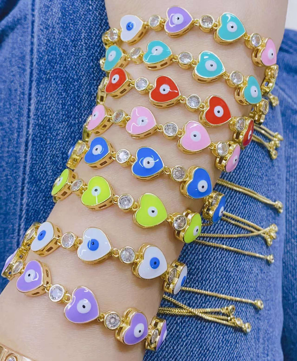 Valentine neon hearts evil eye 18k gold copper adjustable bracelet