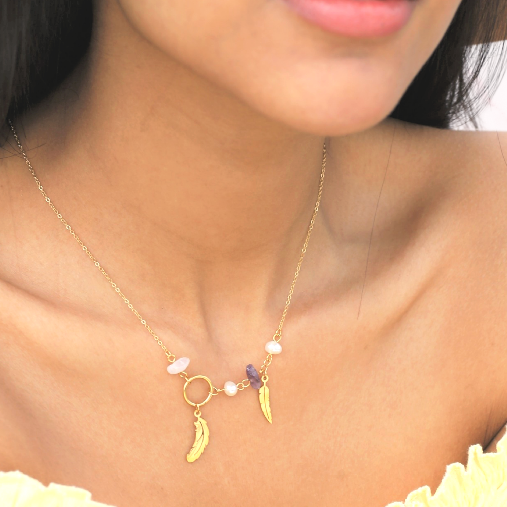 Feather Charm Pearl 18K Gold Stainless Steel Anti Tarnish Multicolor Necklace Chain For Women Main image